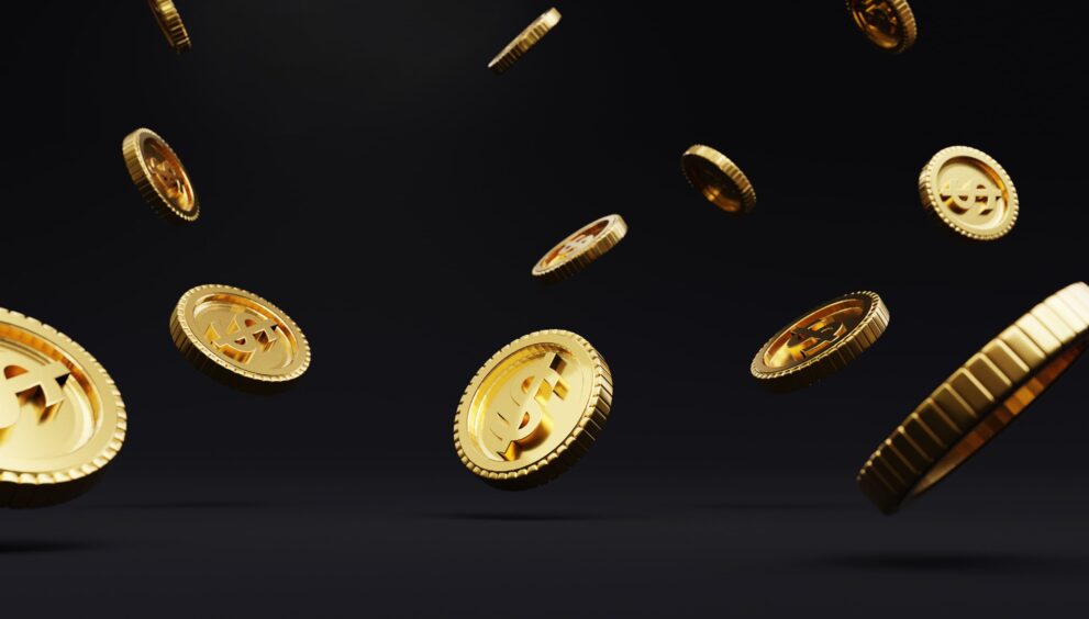 closeup golden usd coins dropping dark background dollar is main currency exchange payment world by 3d render 4